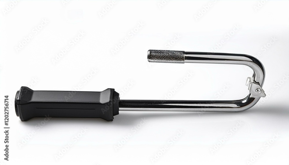 Close-up of a metallic handle with a black grip. Close-up of a metallic handle with a black grip.