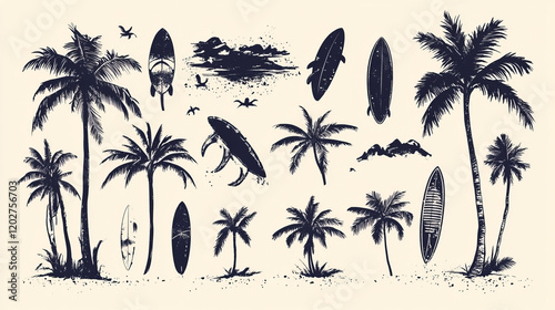 vintage retro tropical palm tree surfboard and silhouette design with ocean wave elements for beach themed summer art illustration