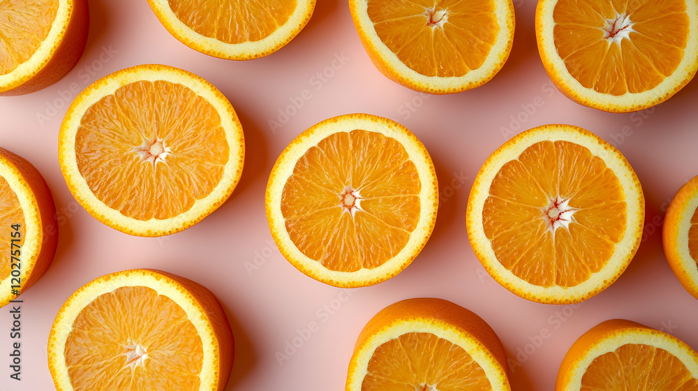 Fototapeta premium Juicy Orange Slices on Pink Background, oranges, citrus, fruit, fruits, vitamin c