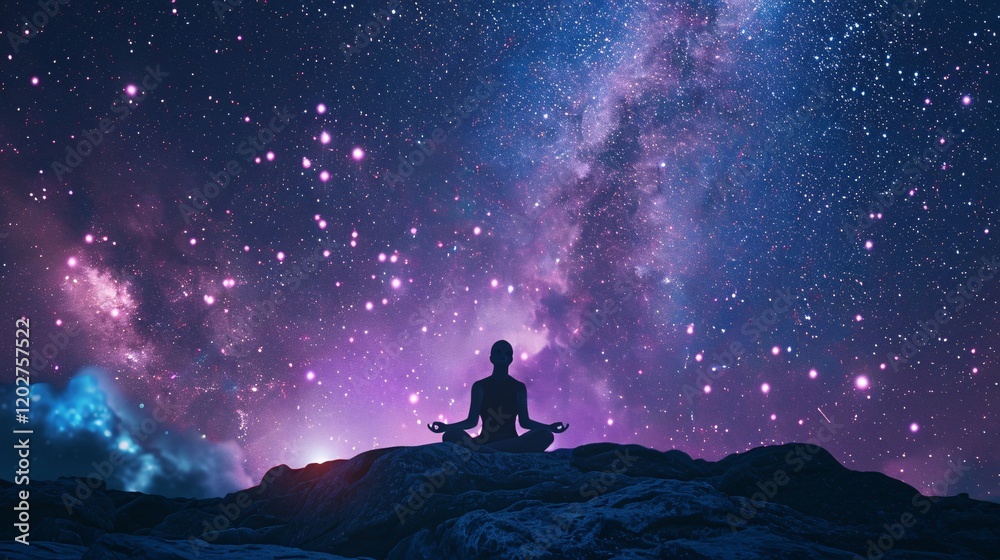 Meditating figure under the Milky Way with light and energy fields representing spiritual harmony Meditating figure under the Milky Way with light and energy fields representing spiritual harmony