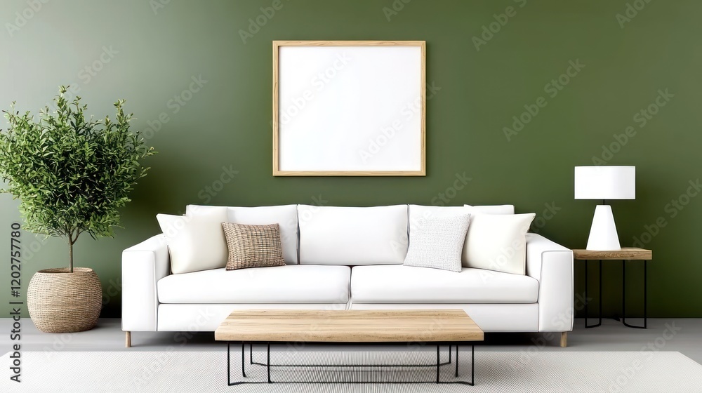 Modern Scandinavian Living Room with White Sofa and Green Wall Frame Modern Scandinavian Living Room with White Sofa and Green Wall Frame
