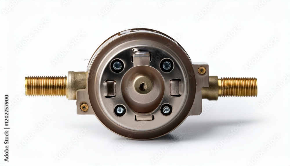 Close-up of a metallic valve with threaded connections. Close-up of a metallic valve with threaded connections.