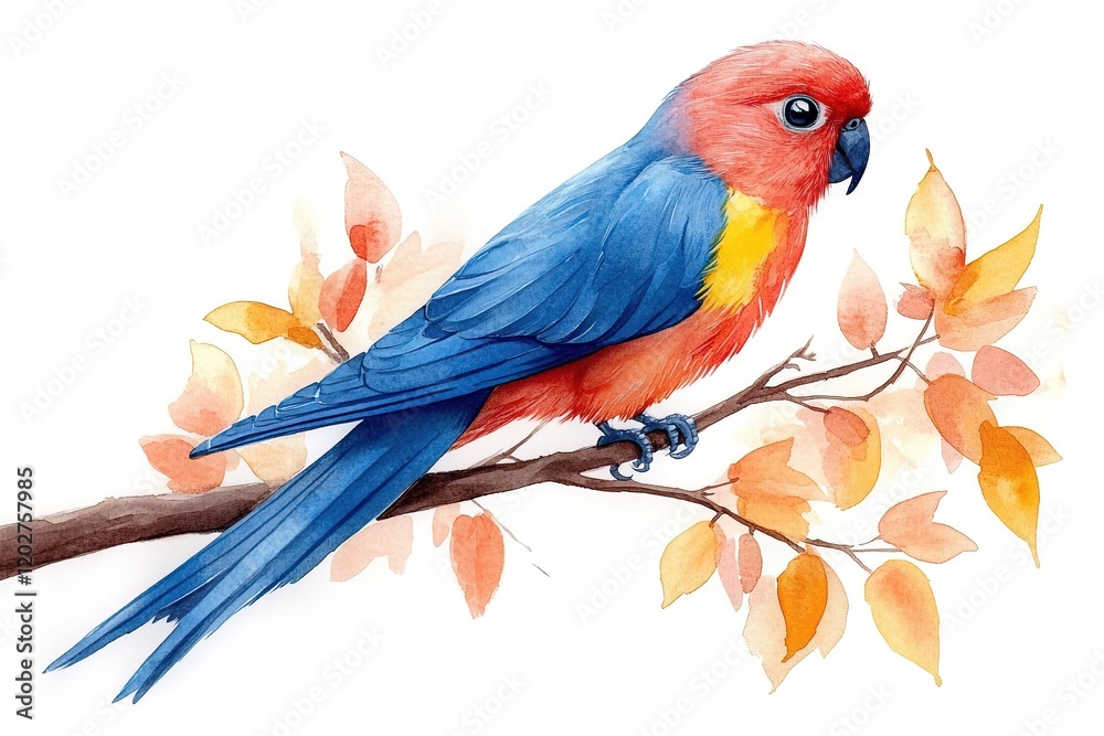 Obraz premium A vibrant parrot perched on a branch with autumn leaves, showcasing colorful feathers.