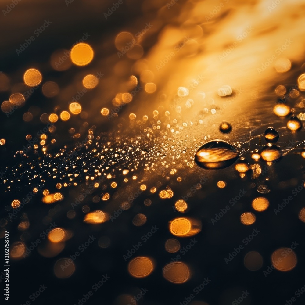 Abstract Golden Bokeh Water Droplets on Dark Background, Macro Photography. Abstract Golden Bokeh Water Droplets on Dark Background, Macro Photography.