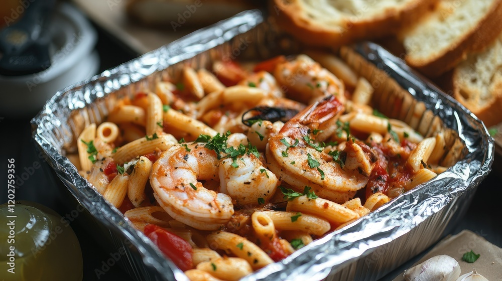 A foil food box with a portion of seafood pasta and garlic bread, freshly packed for a takeaway meal. A foil food box with a portion of seafood pasta and garlic bread, freshly packed for a takeaway meal.