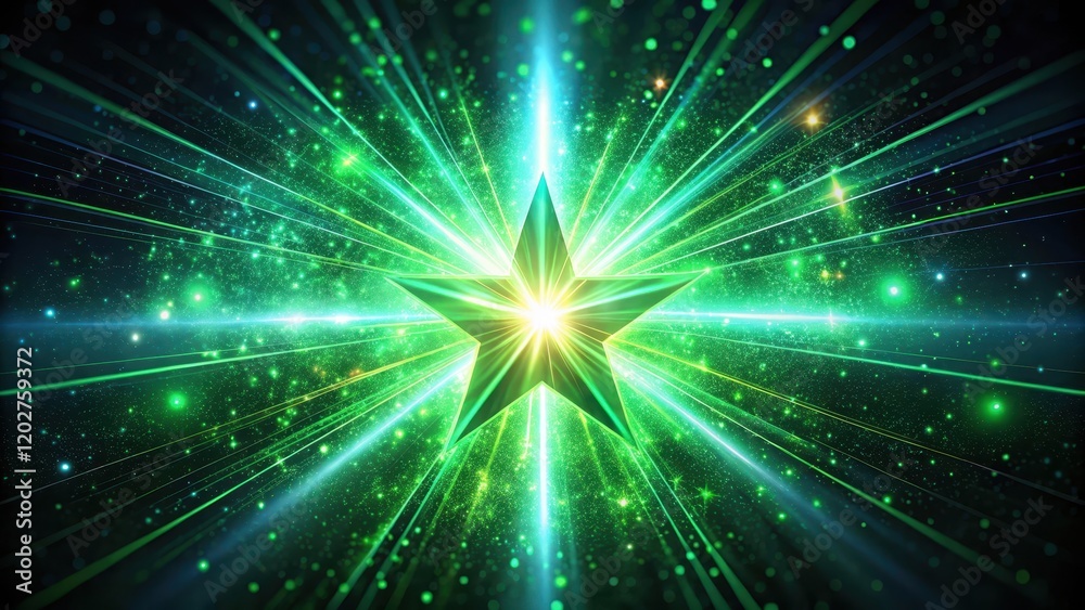 Fototapeta premium Glowing Green Starburst A radiant, five-pointed star illuminates a dark background with bright green and teal energy streaks.