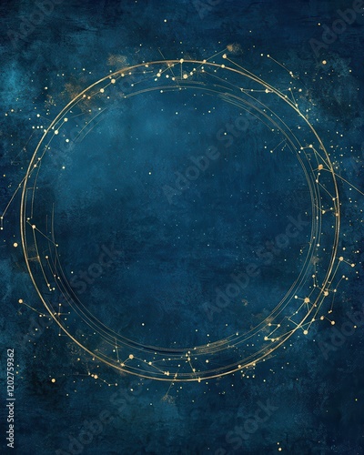Elegant Dark Blue and Gold Abstract Background with Circular Constellation Design.