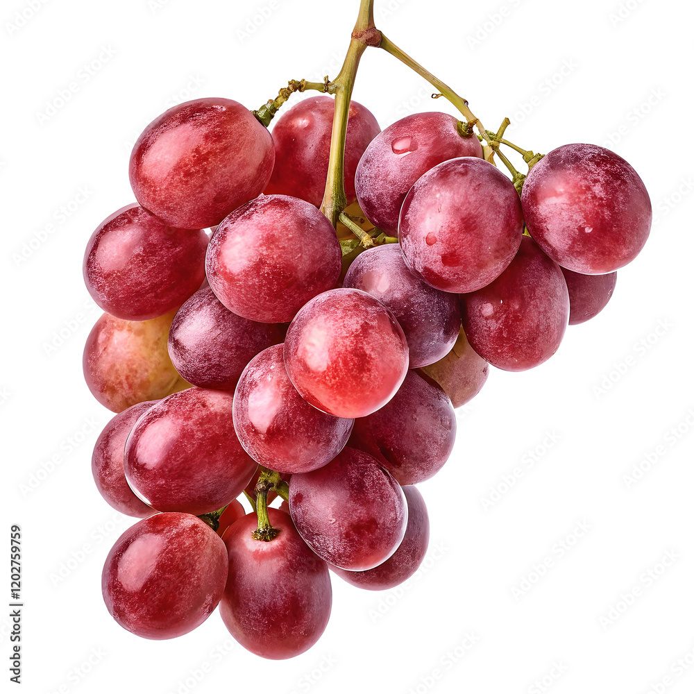 Bunch of ripe red grapes, photorealistic, high detail, studio lighting, white background, fresh fruit, vibrant color, close-up, isolated, glossy grape skin, organic produce, succulent, juicy, hanging Bunch of ripe red grapes, photorealistic, high detail, studio lighting, white background, fresh fruit, vibrant color, close-up, isolated, glossy grape skin, organic produce, succulent, juicy, hanging