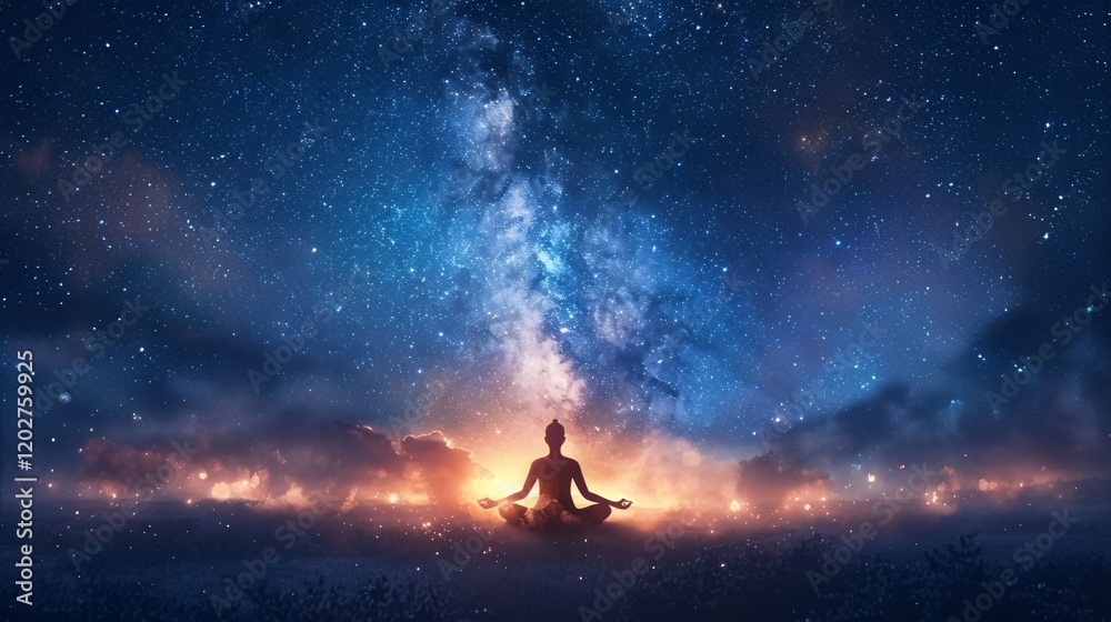 Harmony of energies depicted with light and energy fields around a meditating figure under the Milky Way Harmony of energies depicted with light and energy fields around a meditating figure under the Milky Way