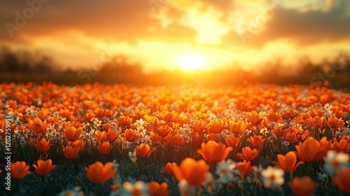 A vibrant field of orange flowers under a glowing sunset, creating a serene atmosphere.