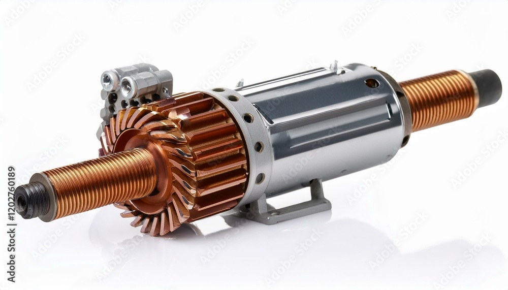 Close-up of a metallic industrial motor with copper components. Close-up of a metallic industrial motor with copper components.