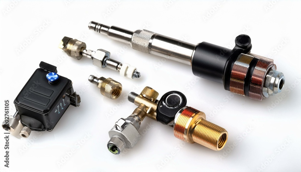Close-up view of various metal and electrical components. Close-up view of various metal and electrical components.