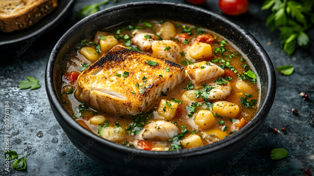 Delicious Seafood Stew with Toasted Bread, fish stew, chowder, soup, scallops, potatoes