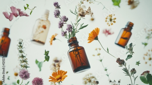 Dynamic shot of a mix of herbal remedies including fresh herbs, tincture bottles, and dried flowers falling gracefully, isolated against a clean white backdrop. The image should 