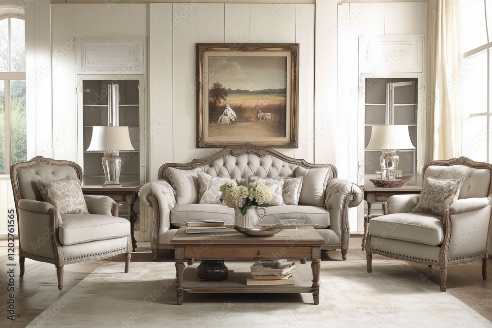 Fototapeta premium A stylish Country French house style living room featuring a beige tufted sofa, two matching armchairs, and a wooden coffee table. The decor includes a landscape painting and elegant lamps.