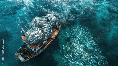 editorial , A fishing boat with large nets full of fish, alongside an empty ocean floor, representing the depletion of fish populations due to overfishing 