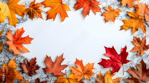 Autumn Leaves Frame on Marble Background, fall, maple leaves, foliage, border, texture