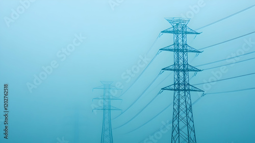 Electricity Pylons in Fog, power lines, power tower, high voltage, energy, transmission lines
