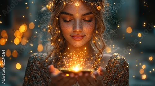 Woman with Lights in Hair Holding Glowing Sparks