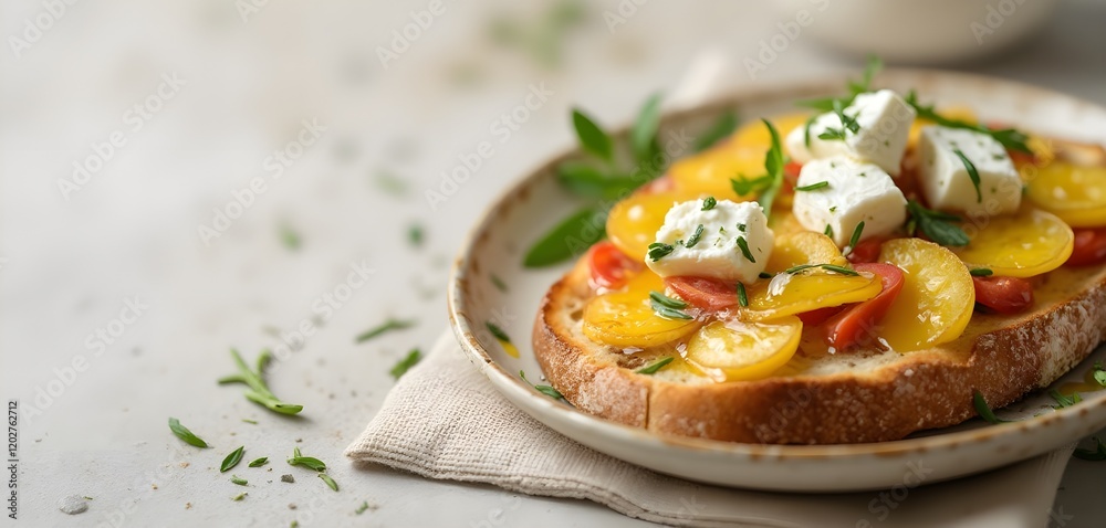 Dakos with Feta, Olive Oil, and Fresh Herbs on Neutral Background Dakos with Feta, Olive Oil, and Fresh Herbs on Neutral Background