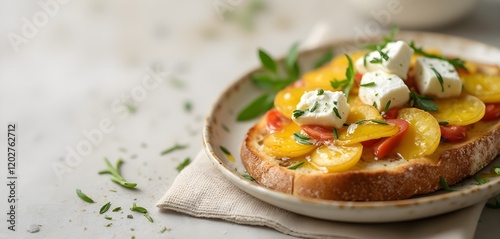 Dakos with Feta, Olive Oil, and Fresh Herbs on Neutral Background photo