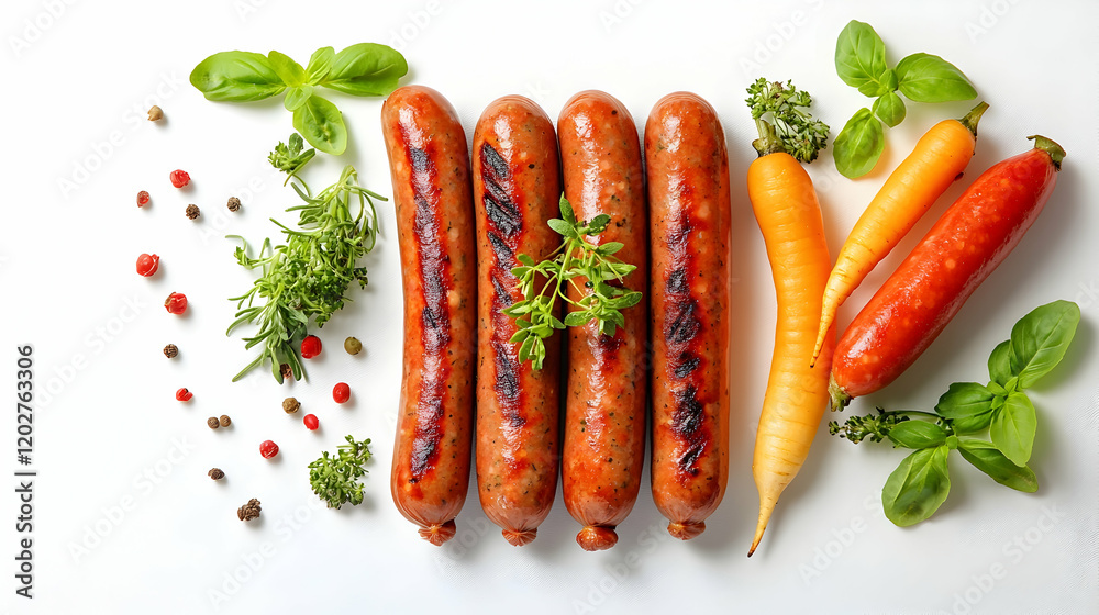 Grilled Sausages with Herbs and Carrots, basil, rosemary, thyme, peppercorns, spice Grilled Sausages with Herbs and Carrots, basil, rosemary, thyme, peppercorns, spice