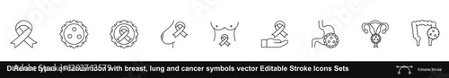 Different types of cancer Icon with breast, lung and cancer symbols vector Editable Stroke Icons Sets