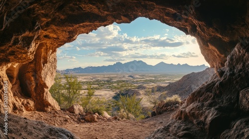 View from a cave looking out over a desert landscape with mountains in the distance