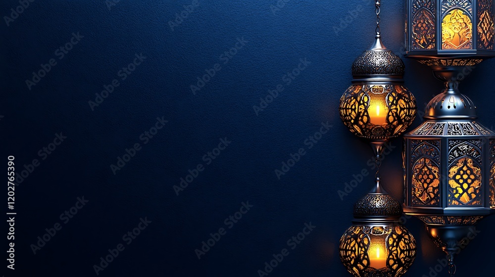 Obraz premium Illuminated Metal Lanterns Hanging Against Dark Blue Background
