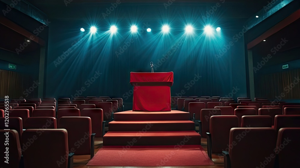 A front-facing view of a red silk-draped podium under crisp, focused spotlights in an auditorium. A front-facing view of a red silk-draped podium under crisp, focused spotlights in an auditorium.