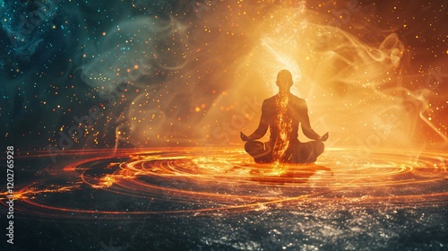 Harmony of energies depicted with light and energy fields around a meditating figure photo