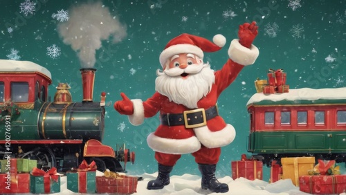 Santa Claus Standing in Front of Festive Train in Snowy Landscape with Gift Boxes and Snowflakes