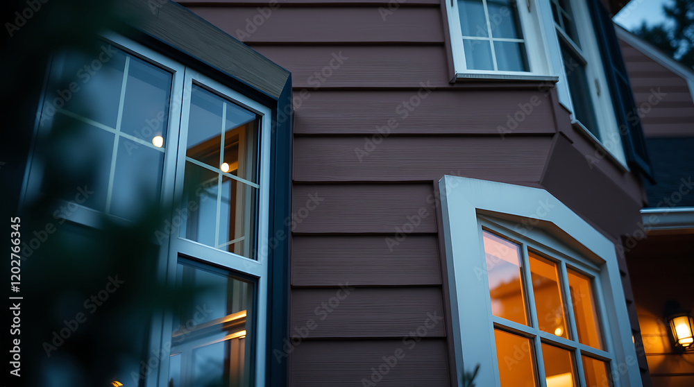 Evening view of a house exterior, showcasing the architectural details of windows and siding. The warm interior light creates a welcoming ambiance. Evening view of a house exterior, showcasing the architectural details of windows and siding. The warm interior light creates a welcoming ambiance.