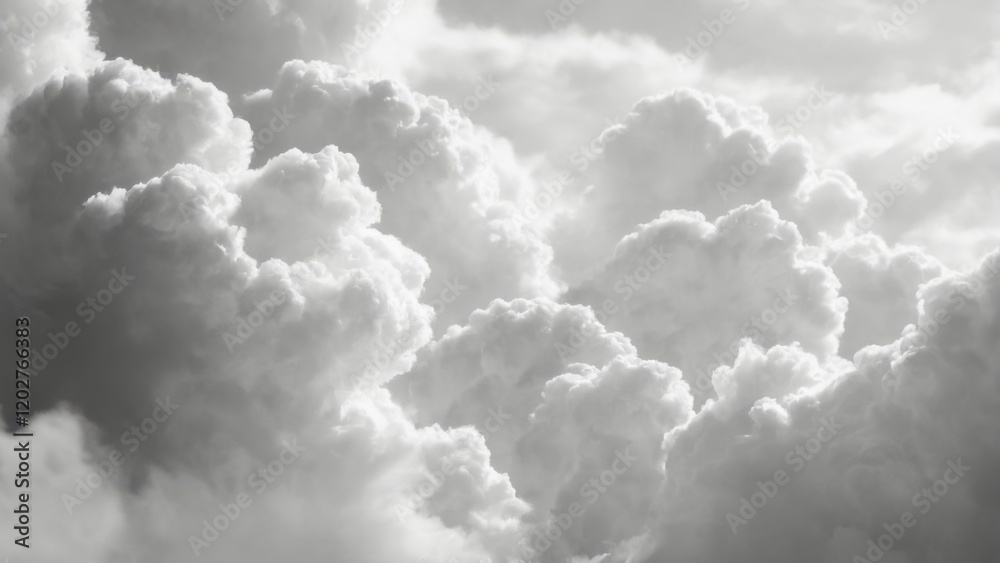 Fluffy clouds of varied shapes and sizes captured in black and white from a low angle, evoking a serene atmosphere. Fluffy clouds of varied shapes and sizes captured in black and white from a low angle, evoking a serene atmosphere.