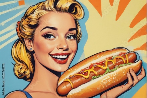 Retro Pop Art Illustration of Young Woman with Hot Dog in Vibrant Colors