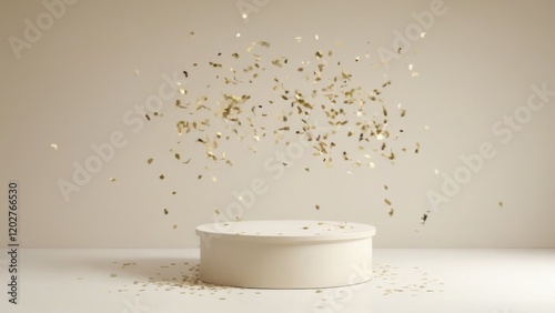 White pedestal with gold confetti on beige background, creating a festive atmosphere with movement and energy.