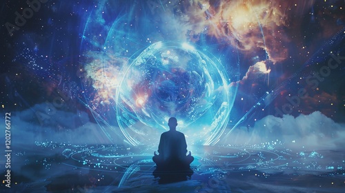 Meditator surrounded by balanced masculine and feminine energies depicted with light and energy