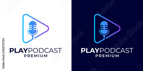 Podcast channel logo design with microphone icon symbol and play button vector illustration. Video play podcast logo design template. Vector logo design of podcast, radio, play, video, microphone.