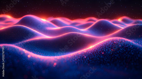 Abstract cosmic landscape with glowing waves and particles, vibrant colors of pink, blue, and red in a dark night sky