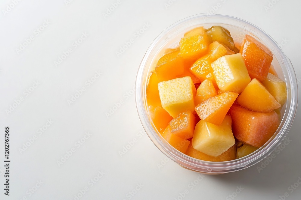 Fresh melon cubes in plastic container, white background. Great for healthy food blogs Fresh melon cubes in plastic container, white background. Great for healthy food blogs