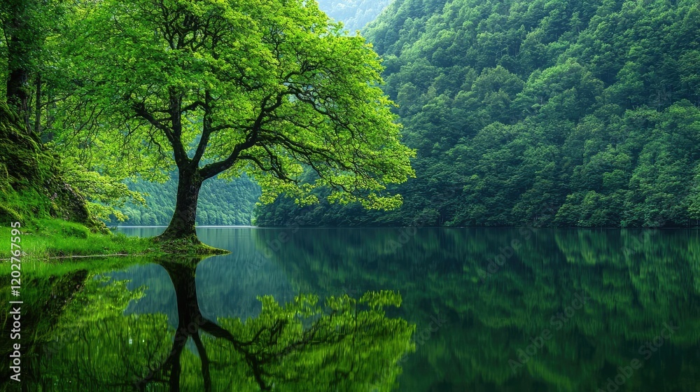 Serene lake reflection of tree in lush green valley Serene lake reflection of tree in lush green valley