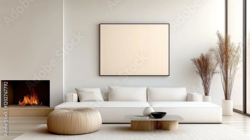 Modern Living Room with Pouf, Side Table, and Fireplace Against White Wall with Poster Frame