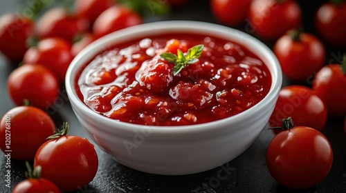 Bowl of homemade tomato sauce with fresh cherry tomatoes.
