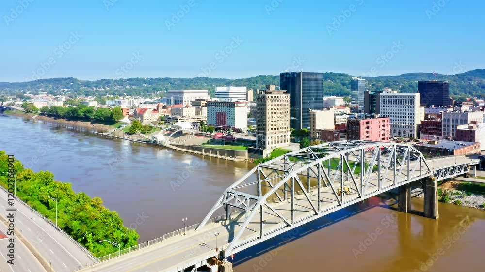 Aerial view of Charleston, West Virginia with slow camera panning along the skyline. Charleston is the capital and most populous city of the U.S. state of West Virginia and the seat of Kanawha County Aerial view of Charleston, West Virginia with slow camera panning along the skyline. Charleston is the capital and most populous city of the U.S. state of West Virginia and the seat of Kanawha County