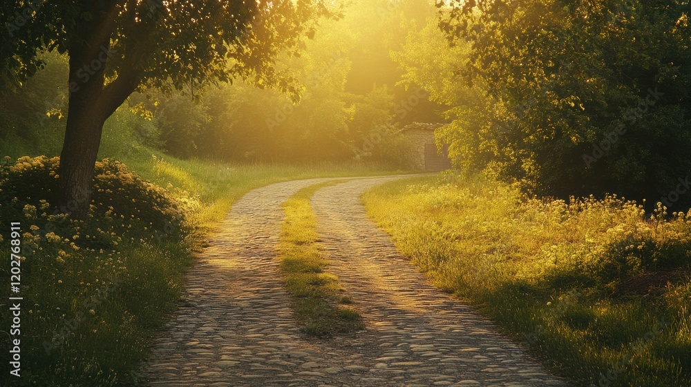 Fototapeta premium Sunlight filtering through trees along a pathway in a serene countryside landscape during golden hour. Generative AI