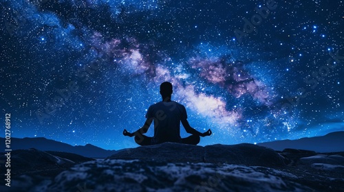 Meditator surrounded by balanced masculine and feminine energies with the Milky Way behind
