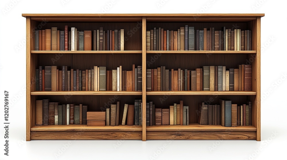A wooden bookshelf filled with various books, showcasing a range of sizes and colors. A wooden bookshelf filled with various books, showcasing a range of sizes and colors.