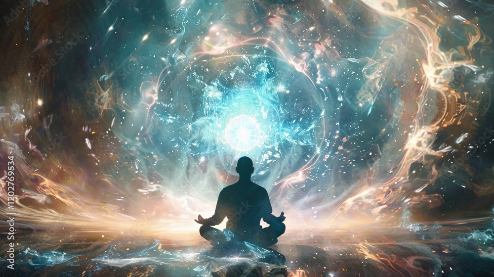 Obraz premium Meditator surrounded by balanced masculine and feminine energies depicted with light and energy