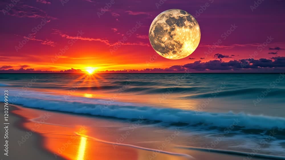 The setting sun cast hues of pink, purple, and orange across the tranquil ocean waters, as the rising moonlight kissed the gently rolling waves under the peaceful twilight sky.