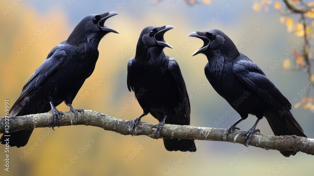 Three black ravens perched on a branch, calling out with their beaks wide open against blurred background Three black ravens perched on a branch, calling out with their beaks wide open against blurred background